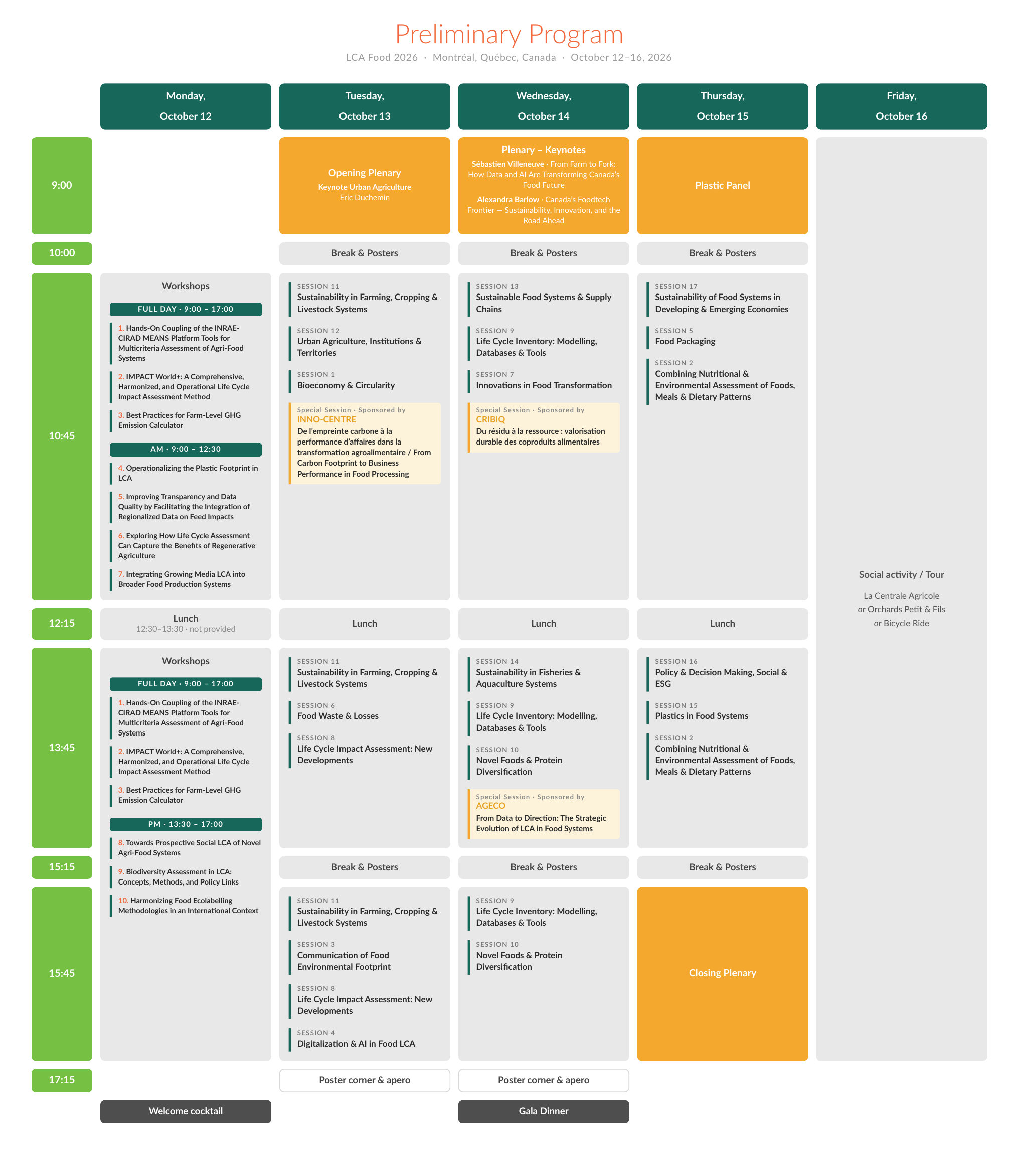 Programme préliminaire LCA Food 2026 — du lundi 12 octobre au vendredi 16 octobre, Montréal